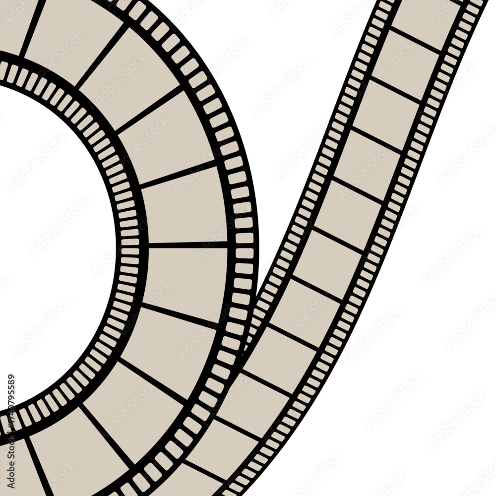 Fototapeta premium Stylized film strip forming a curve and straight line. Cinema and movie production concept for entertainment industry design.