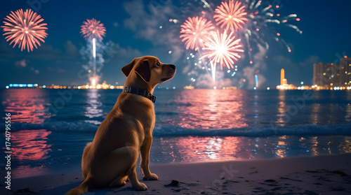 Dog with fireworks new year's eve. Cute puppy sitting on beach, watching colorful fireworks night sky, reflection ocean water background, christmas holiday event vacation memory with loving pet animal