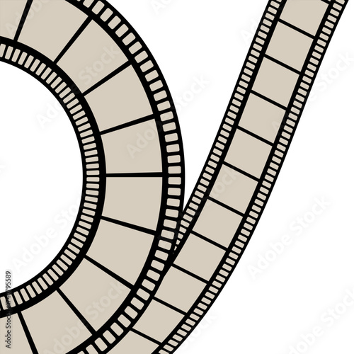 Stylized film strip forming a curve and straight line. Cinema and movie production concept for entertainment industry design.