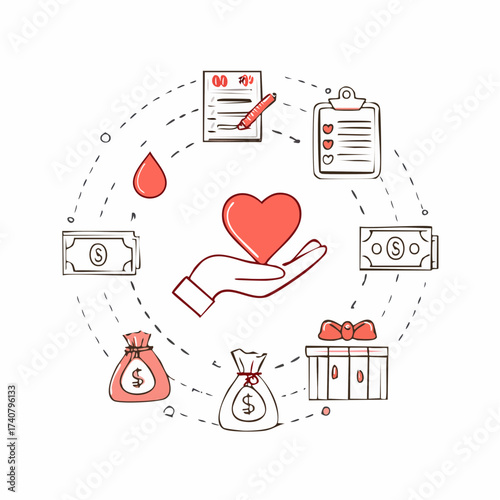 Charity hand, money, blood donation doodle line icon. Charity volunteer, support, blood donor concept icon set. 