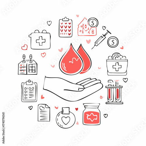 Charity hand, money, blood donation doodle line icon. Charity volunteer, support, blood donor concept icon set. 