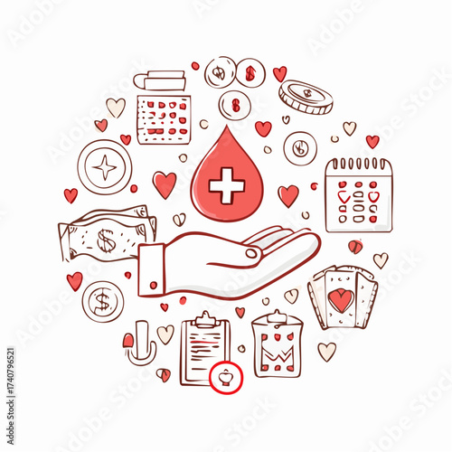 Charity hand, money, blood donation doodle line icon. Charity volunteer, support, blood donor concept icon set. 
