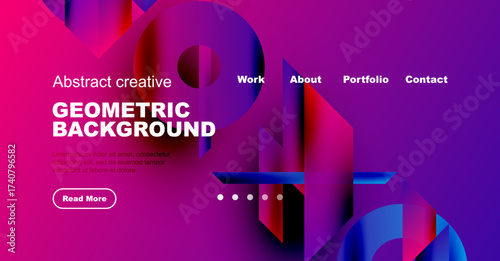 Vibrant geometric background design. Purple, blue hues dominate. Text elements present, including navigation options, brief description.