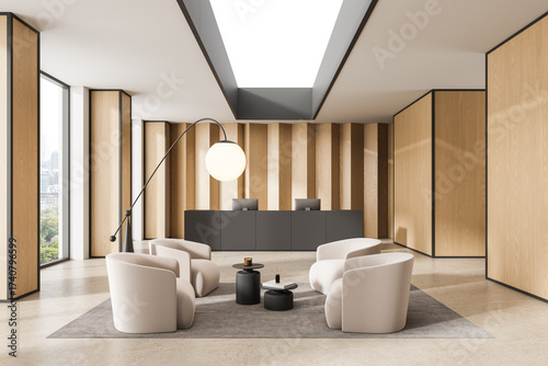 Foto Modern office reception area with stylish furniture, wood panel walls, and minimalist decor in natural tones under skylight ceiling