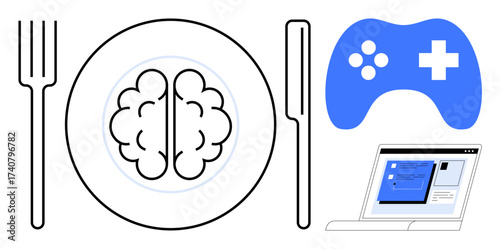 Fork, knife, brain on a plate, game controller, and laptop highlight mental nourishment, gaming, and digital life. Ideal for mental wellness, balance education gaming nutrition life choices