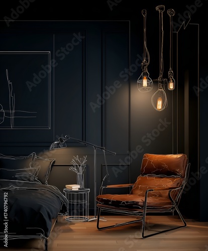Minimalist bedroom with warm wood tones and dark accent wall, modern interior design creating tranquil inviting atmosphere, perfect for lifestyle magazine, design blog or home decor catalog