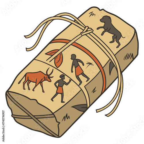 Ancient scroll with tribal art depicting humans animals and nature scenes