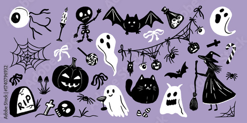 Halloween whimsical doodle icon. Cute crayon sketch of ghost, garland, pumpkin, witch and bat. Spooky charm silhouette illustration for party decoration. Set of chalk pencil vector sticker