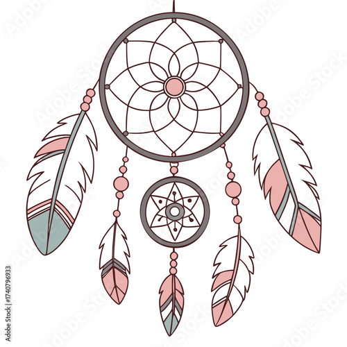 Bohemian dream catcher with feathers and beads on a white background