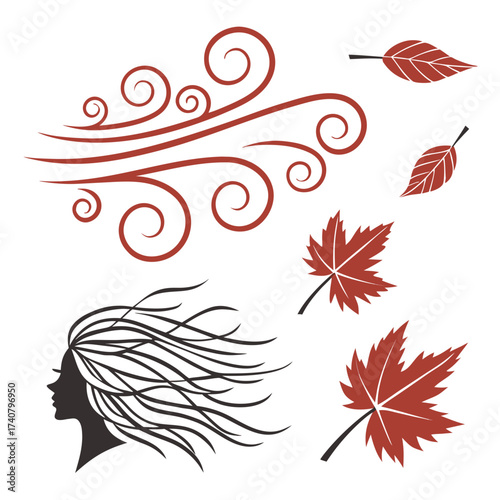 Autumn wind blowing through a woman s hair with falling leaves