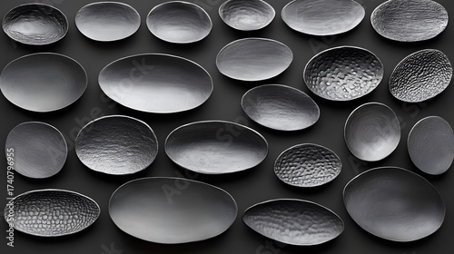 Abstract metal bowls composition in gray tones on dark background