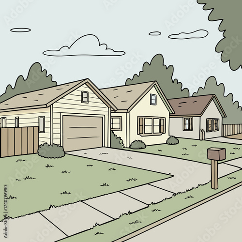 Cartoon illustration of a suburban street with houses and trees