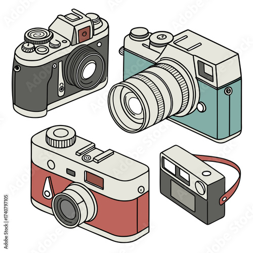 Collection of vintage and retro cameras in isometric view