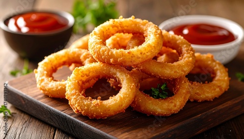 Crispy Fried Onion Rings with Ketchup on a Board