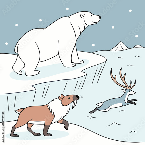Cute cartoon polar bear walrus and reindeer in arctic landscape