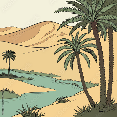 Desert oasis with palm trees and a winding river
