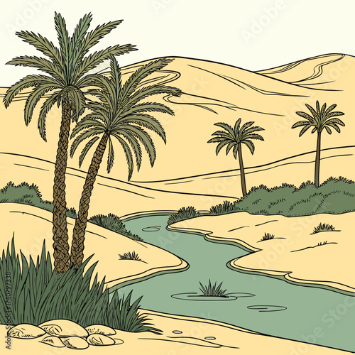 Desert oasis with palm trees and a winding river illustration