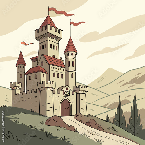 Fairytale castle on a hilltop with red flags and rolling hills