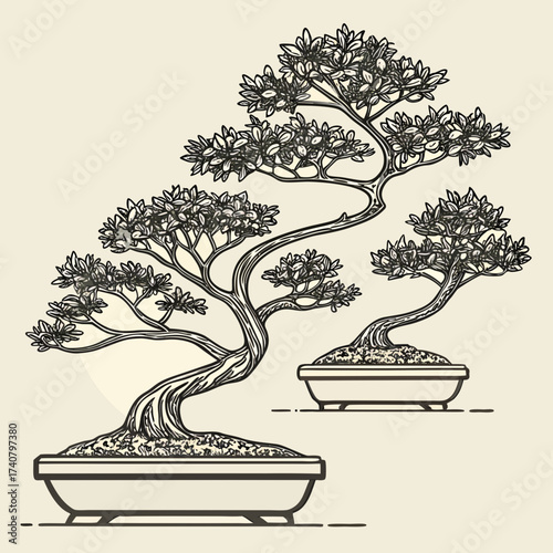 Elegant line art illustration of two bonsai trees in pots
