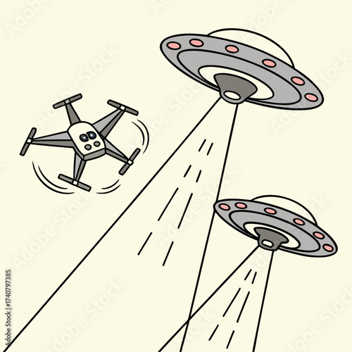 Drone evades two alien flying saucers with beams