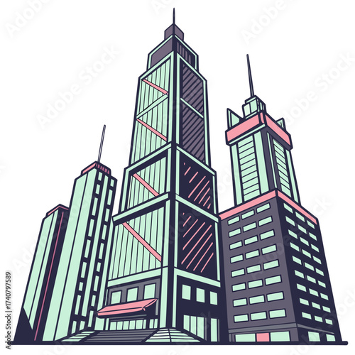 Modern cityscape with stylized tall buildings and geometric design