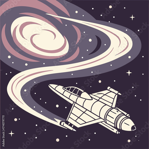 Retro spaceship travels through a colorful nebula in deep space