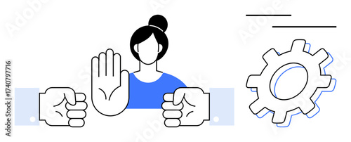 Woman raising hand in a stop gesture between two fists, symbolizing conflict resolution, negotiation, or collaboration. Gear highlights work, development, and teamwork. Ideal for teamwork, conflict