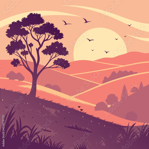 Serene sunset landscape with rolling hills and a lone tree