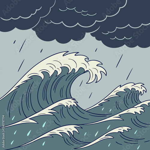 Stormy ocean waves under dark clouds and rain