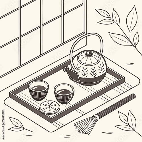 Traditional japanese tea ceremony set with teapot cups and whisk