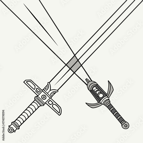 Two crossed swords with stylized handles and blades on a light background