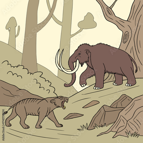 Woolly mammoth and saber toothed cat in prehistoric forest