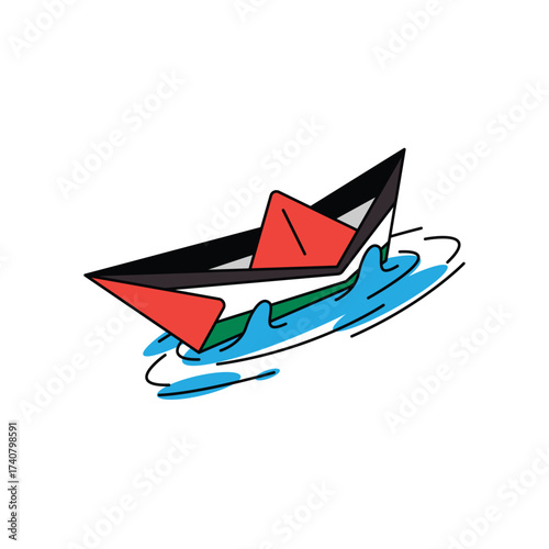 Free Download A simple, hand-drawn illustration of a red and black paper boat gently floating on a small patch of blue water, depicted with a playful, outlined style. Palestinian Paper Boat Retro Vintage. - GFXLoad