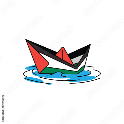 A simple illustration of a paper boat, colored with the black, white, green, and red of the Palestinian flag, floating on a small puddle of blue water. Palestinian Paper Boat Retro Vintage.