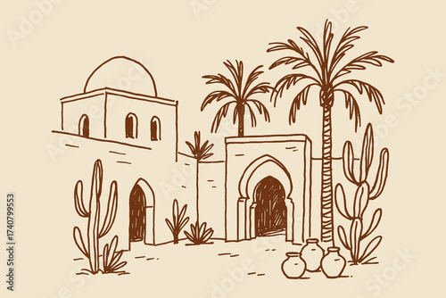Moroccan courtyard with palm trees ink sketch line drawing vector