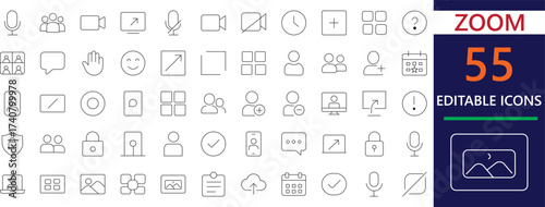 A modern editable line icon set representing Zoom, video calls, online meetings, and virtual communication. Perfect for apps, websites, presentations, and stock platforms