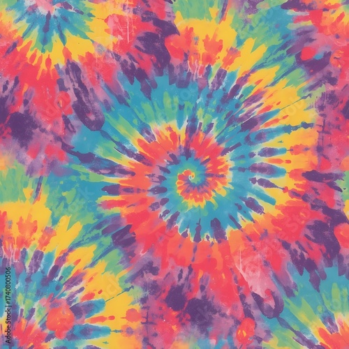 Vintage tie-dye pattern, bold rainbow colors.