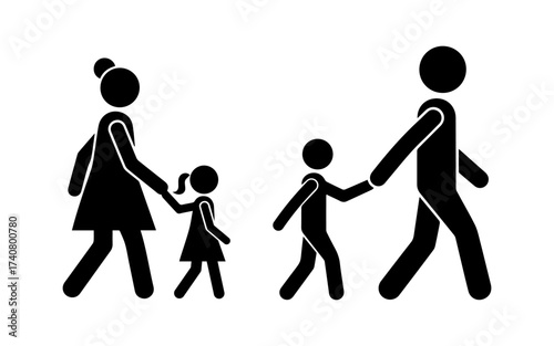 Stickman family walking together. Father mother holding hands with son and daughter icon. Parents and children silhouette. Family relationship, parenting, childhood, love, walk vector illustration.