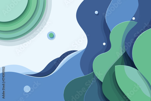 Abstract flowing waves and circles in calming blue and green hues create a modern, serene background.