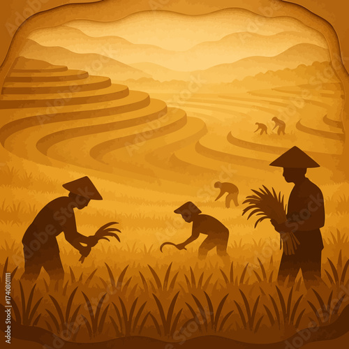 Papercut style farmers working in rice fields with layered landscape