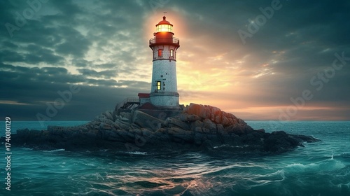 A lighthouse powered by solar panels and backup batteries, representing a financially stable company resilient to change, with enough resources for payroll and future upgrades.