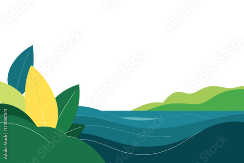 Serene lake illustration with lush green hills and vibrant foliage provides calming, refreshing background for creative projects