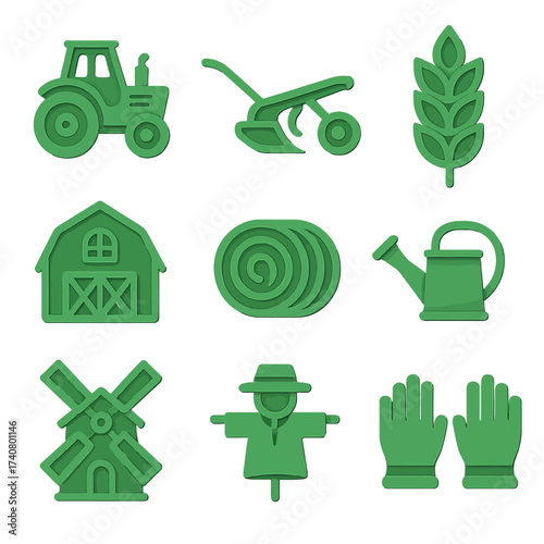 Farm equipment and agriculture icons in green 3d style on soft background