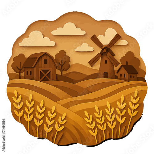 Rustic countryside farm with windmill in paper cut style landscape