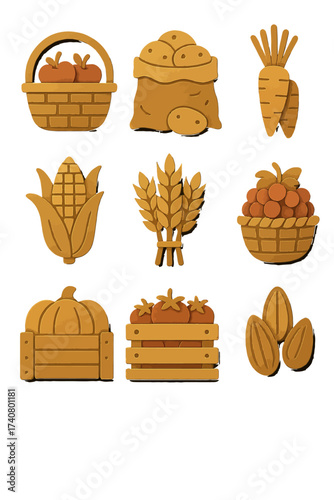 Autumn harvest icons collection featuring vegetables and fruits in 3d style