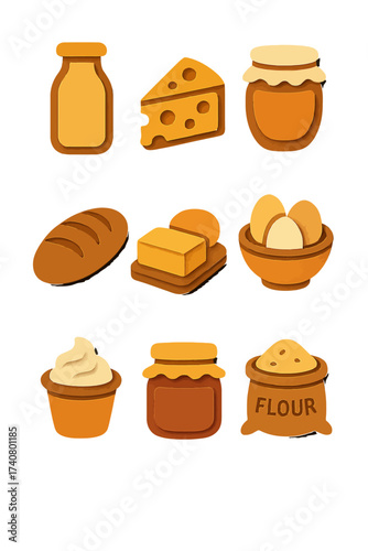 Retro style ingredients collection featuring dairy, baking, and pantry essentials