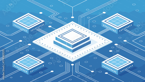 Modern network infrastructure design with central server and data nodes for digital transformation projects