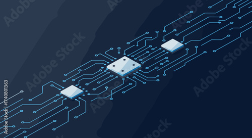 Modern circuit board with glowing blue lines and integrated chips symbolizing technology innovation and connectivity