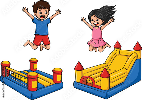 Happy children jumping high on inflatable bounce houses, a smiling boy and girl enjoying a fun, energetic playtime activity.