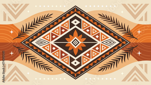 Vibrant geometric tribal pattern with warm earth tones for a dynamic eye catching background or textile design